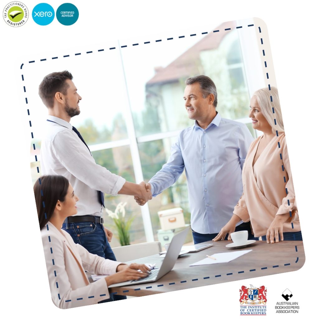 Professional BAS Agent in Perth assisting clients, with individuals shaking hands in front of a laptop, symbolising teamwork and reliable business relations.