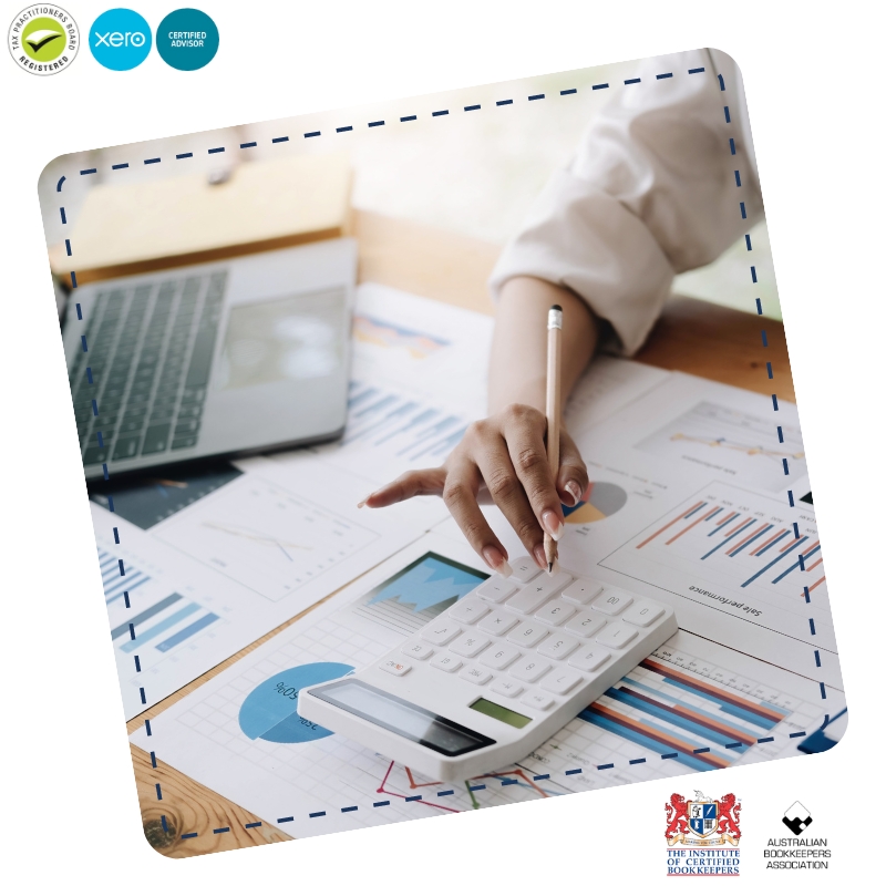 Accounts Administration process showing a person using a calculator, surrounded by graphs, charts, and a laptop on the desk.