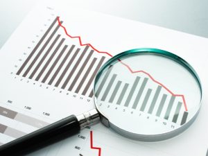 Magnifying glass analysing bar chart data during financial audits showing a decline in business performance.